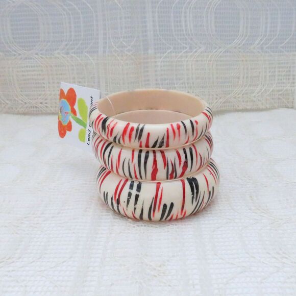 Bangle Bracelet Set Women Cream with Orange & Green Stripes Antika Collection - Picture 2 of 7